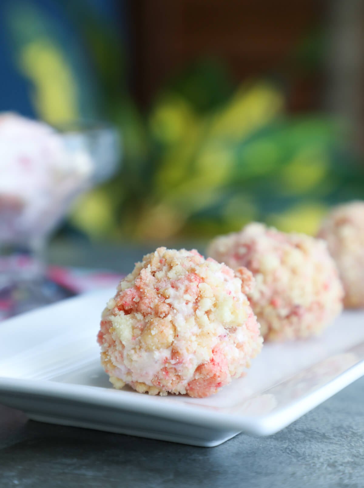 Keto Strawberry Shortcake Ice Cream Bon Bons on a white platter