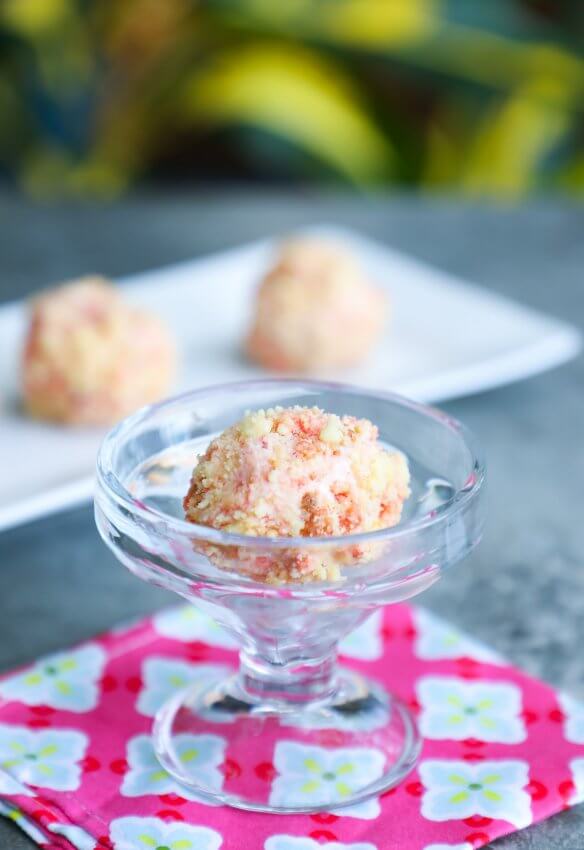 Keto Strawberry Shortcake Ice Cream Bon Bons in a clear glass