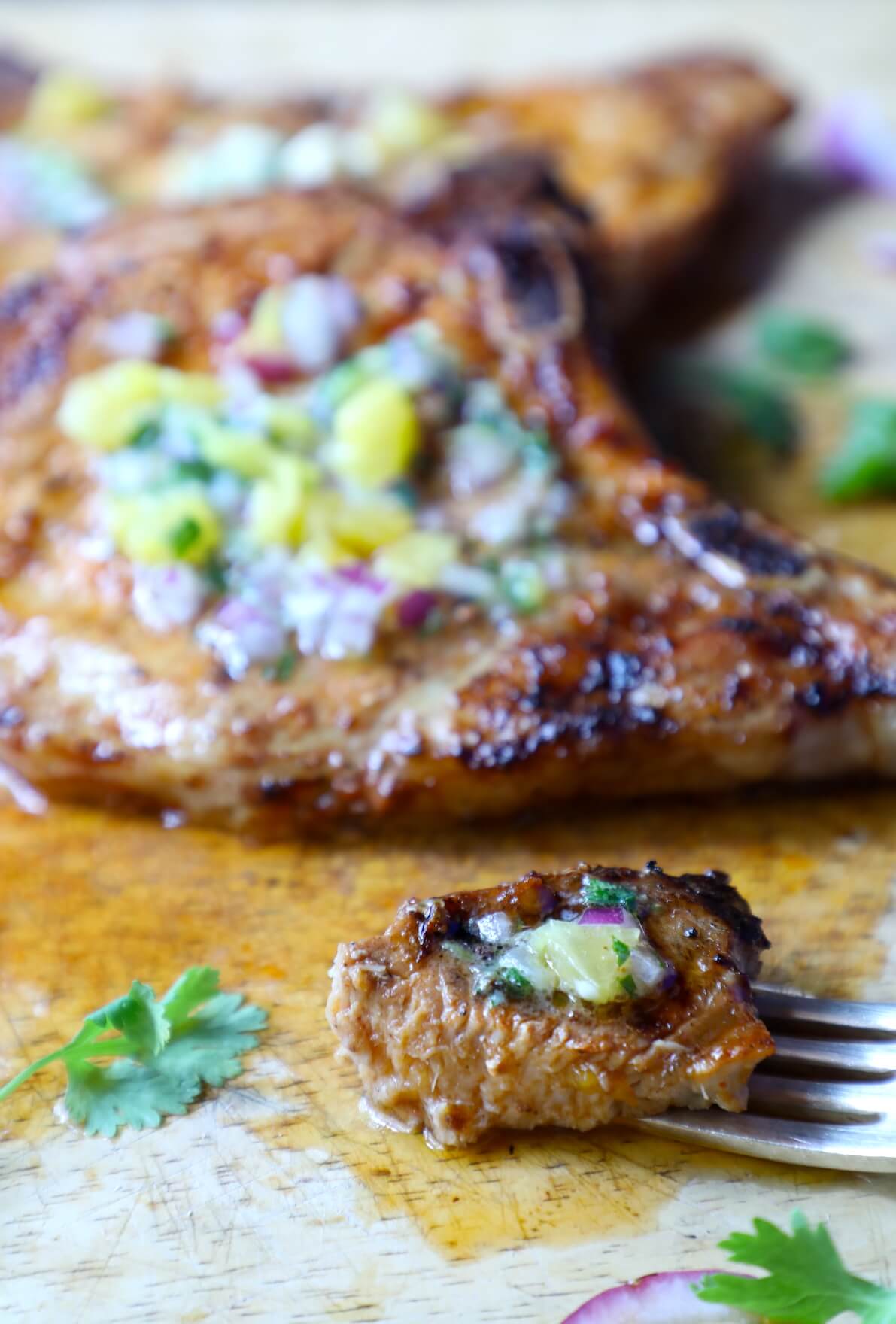 Keto Mexican Pork Chops al Pastor - one bite on a fork