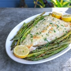 Keto Sheet Pan Salmon and Asparagus on a white platter