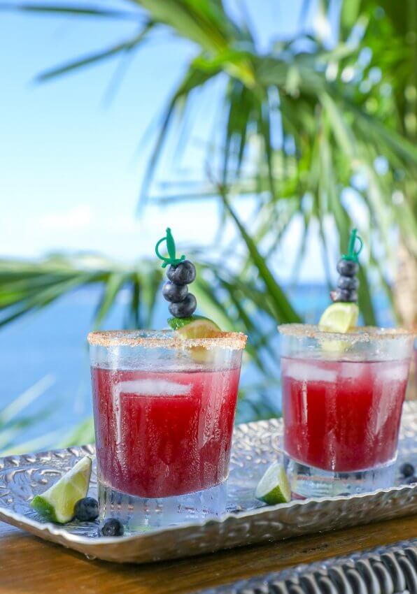 Keto Blueberry Moscow Mule with palms in background