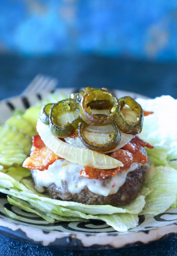 Keto Sheet Pan Burger with a blue background