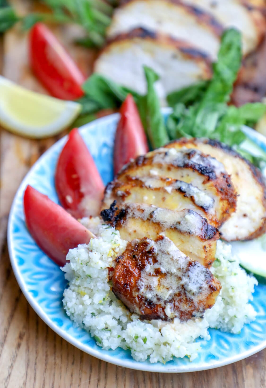 Easy Keto Chicken Shawarma on blue plate