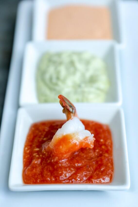 Keto Shrimp Cocktail with 3 sauces in white trays