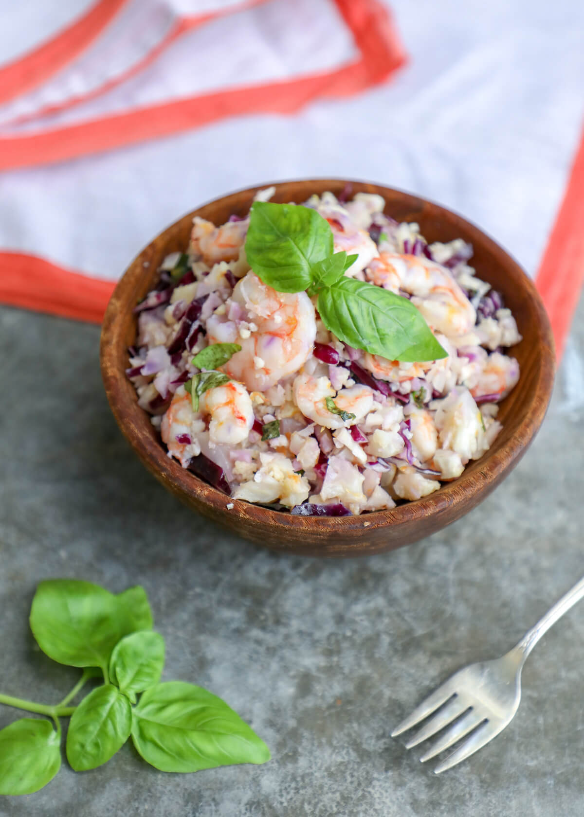 keto shrimp & cauliflower rice salad with linen napkin