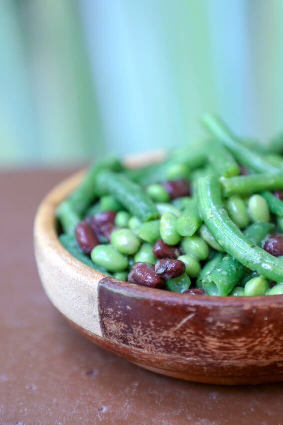 Keto 3 bean salad in wooden bowl