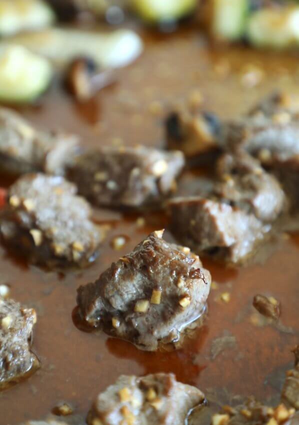Keto Sheet Pan Hibachi Beef & Vegetables - closeup of beef
