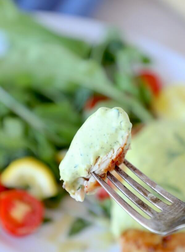 Keto Chicken & Creamy Dill Sauce on a fork