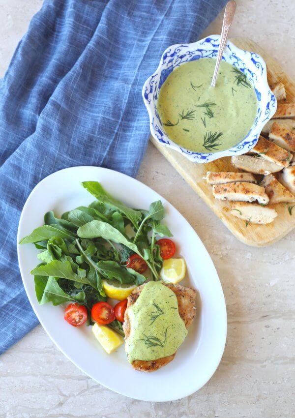 Keto Chicken & Creamy Dill Sauce from above on a white oval plate