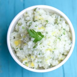 Keto Cauliflower Couscous top view on a blue background