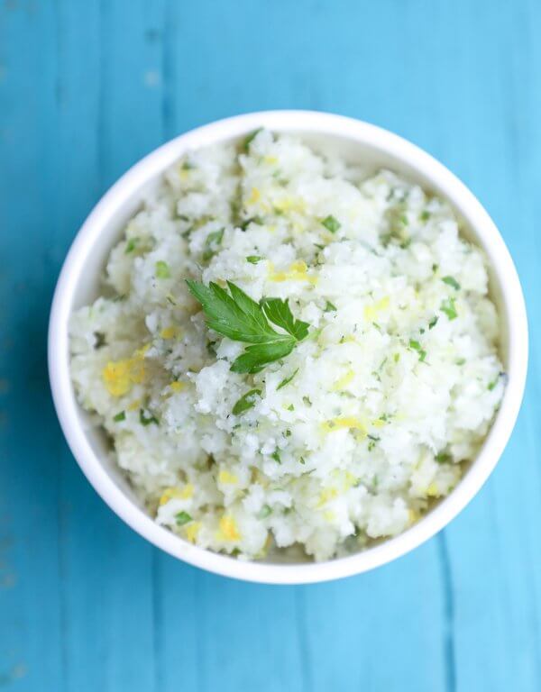 Keto Cauliflower Couscous top view on a blue background