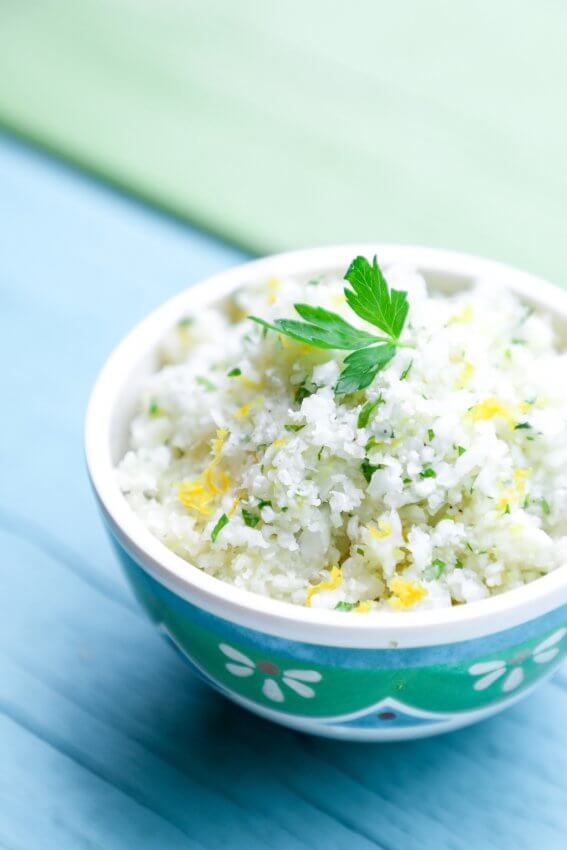 Keto Cauliflower Couscous in a blue and green bowl