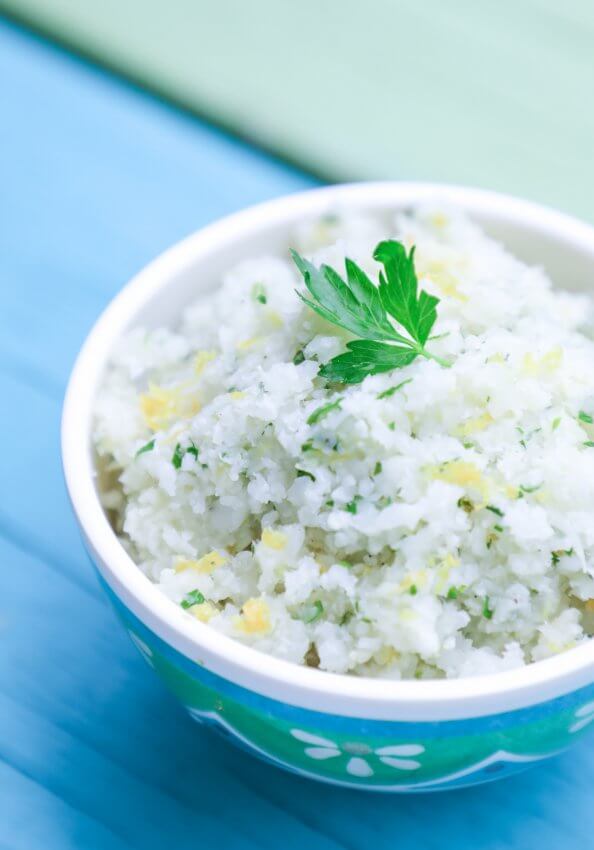 Keto Cauliflower Couscous in a blue bowl
