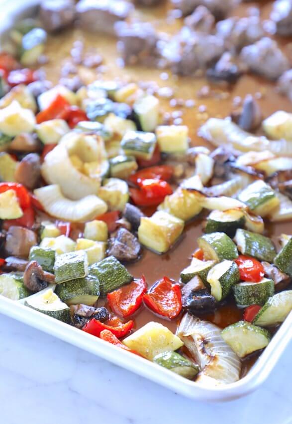 Keto Sheet Pan Hibachi Beef & Vegetables in the pan