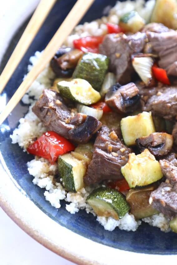 Keto Sheet Pan Hibachi Beef & Vegetables with chopsticks