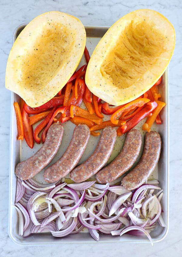 keto sheet pan sausage & peppers before baking