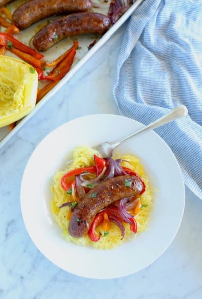 keto sheet pan sausage & peppers on spaghetti squash