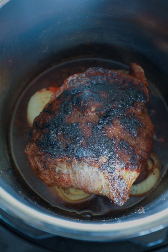 Keto Beef Brisket in the Instant Pot, after the searing stage but before pressure cooking