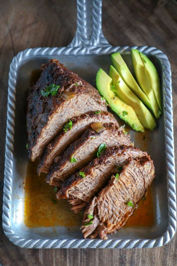 Keto Beef Brisket in the Instant Pot from above in a silver skillet