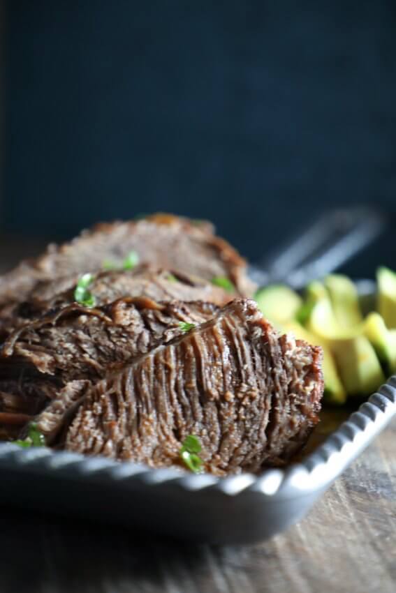 Keto Beef Brisket in the Instant Pot in a silver skillet
