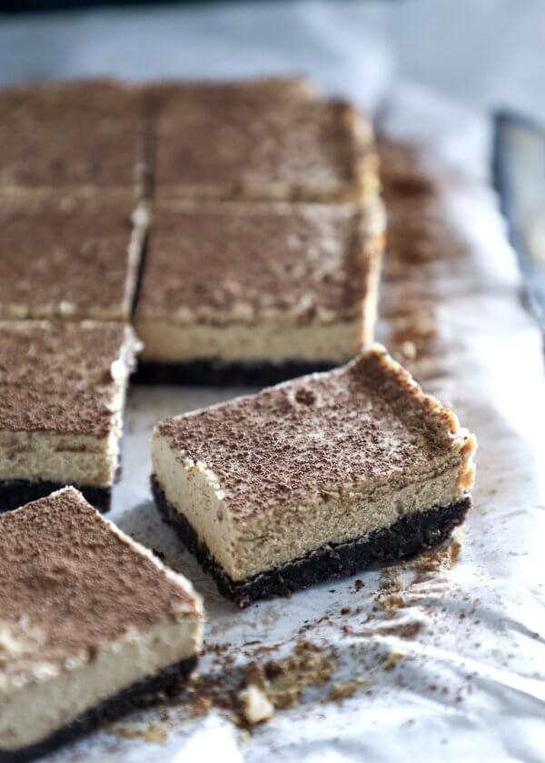keto espresso chocolate cheesecake bars closeup