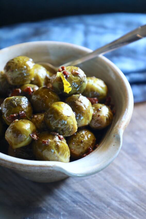 Keto Brussels Sprouts in the Instant Pot in a pottery bowl