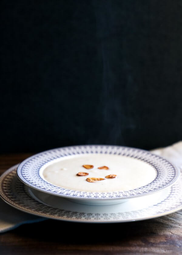 Instant Pot Keto Cheesy Cauliflower Soup with a black background
