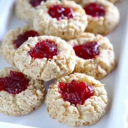 keto thumbprint cookies on a rectangular white plate