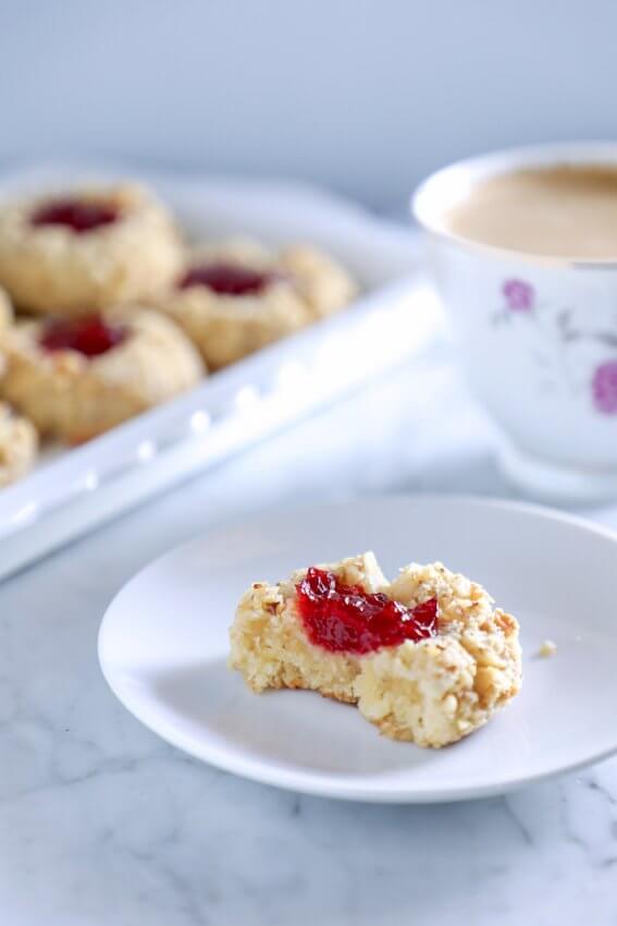 keto thumbprint cookies with a bite taken out