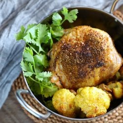 Keto sheet pan curried chicken - SCKC with cauliflower and cilantro garnish
