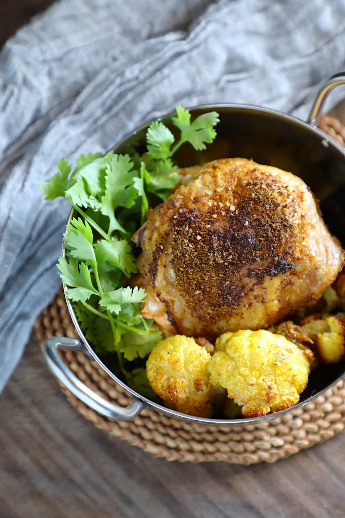 Keto sheet pan curried chicken - SCKC with cauliflower and cilantro garnish
