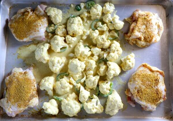 Keto sheet pan curried chicken - SCKC on a sheet pan before baking