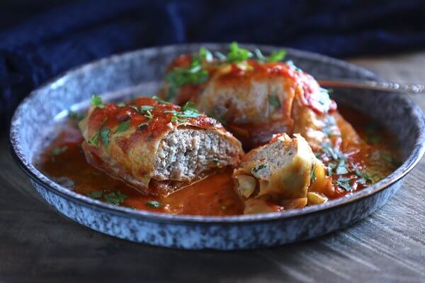 keto stuffed cabbage in the instant pot on a wooden board