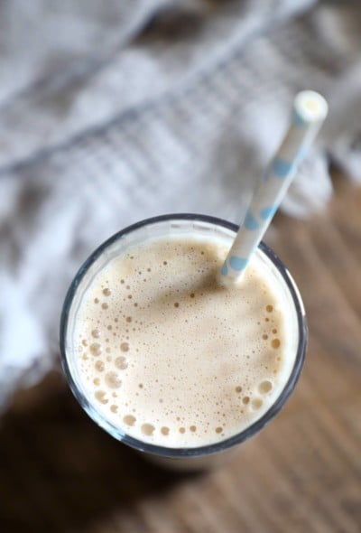 Keto Sunflower Butter & Cocoa Smoothie SCKC on a wooden board top view