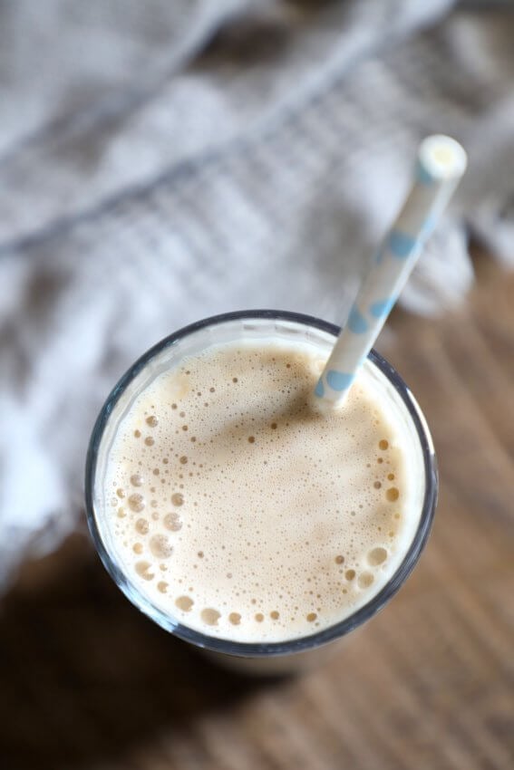 Keto Sunflower Butter & Cocoa Smoothie SCKC on a wooden board top view