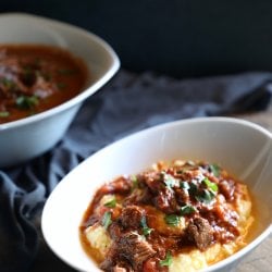 Keto Short Rib Ragu in a white oval shaped bowl