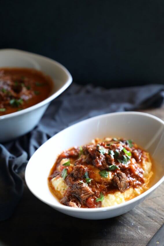 Keto Short Rib Ragu in a white oval shaped bowl