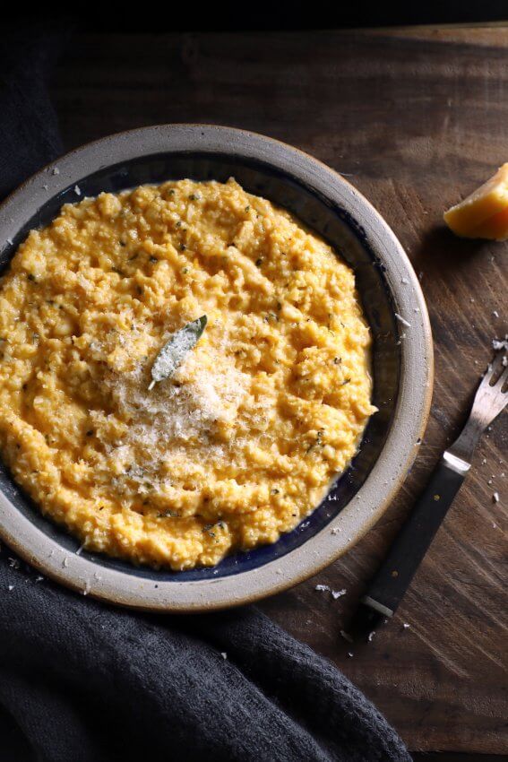 Keto butternut squash risotto with sage garnish from above