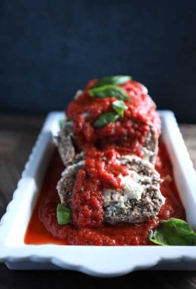Keto Lasagna Meatloaf on a rectangular white platter