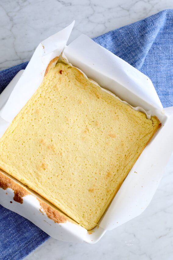 Keto Lemon Magic Custard Cake in the pan