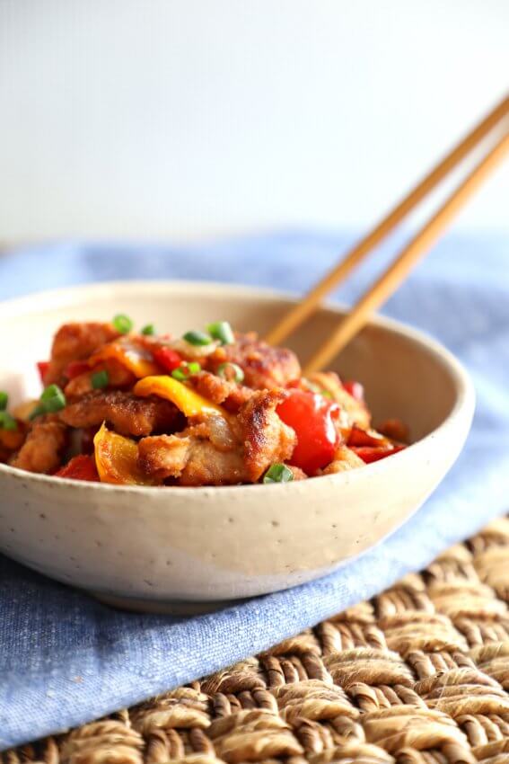 Keto Sweet & Sour Pork on a blue napkin