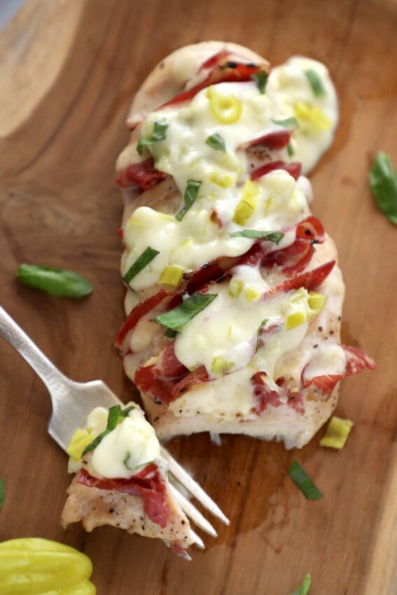 Keto Hasselback Chicken with pepperoncini cream sauce