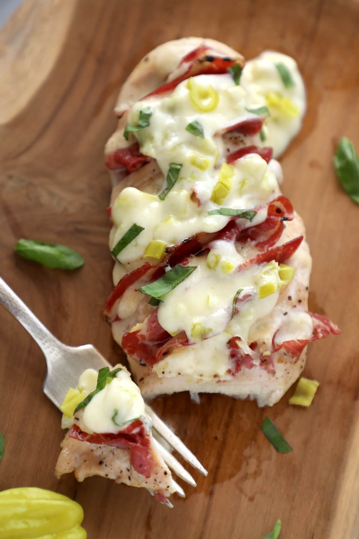 Keto Hasselback Chicken with pepperoncini cream sauce