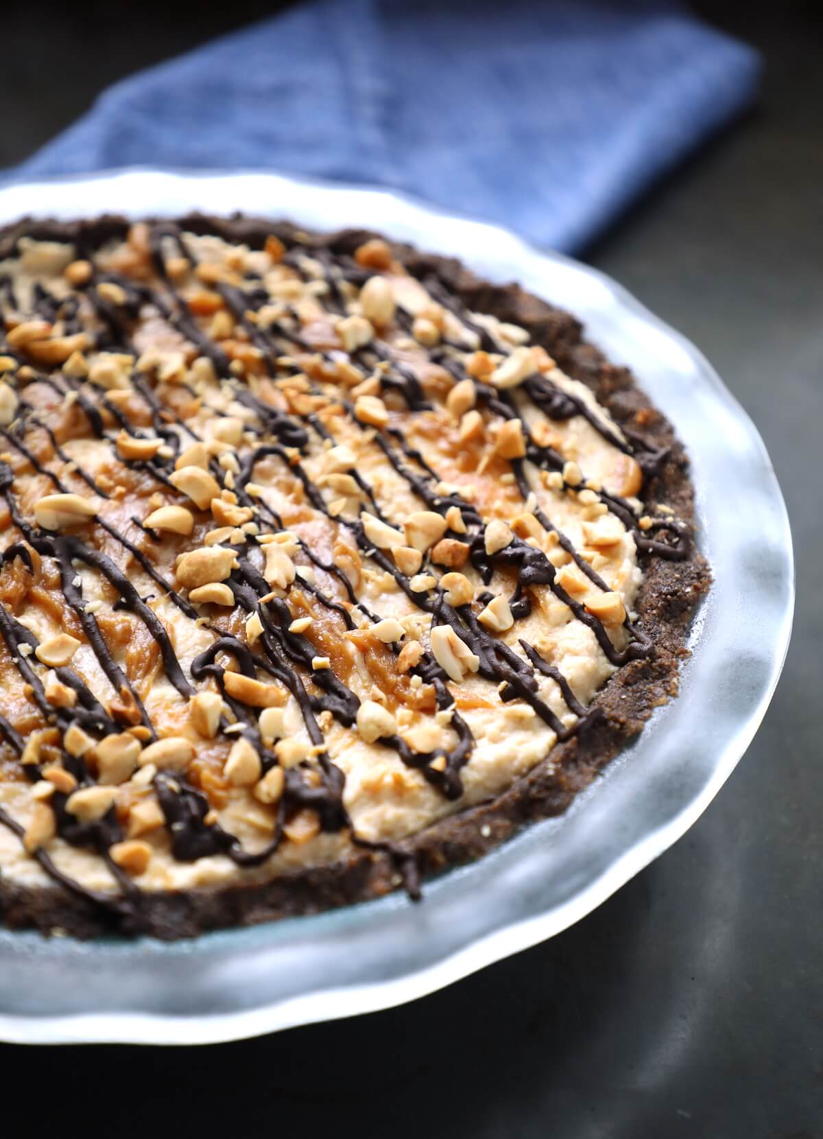 Keto Peanut Butter & Chocolate Pie in a glass pie plate