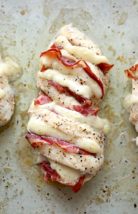 Keto Hasselback Chicken on a sheet pan after baking