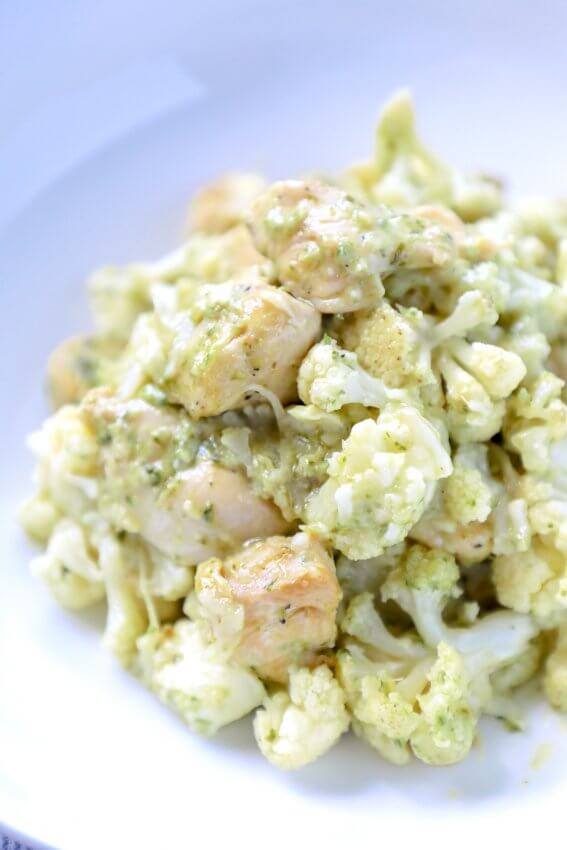 Keto Chicken Pesto Cauliflower Casserole on a white plate