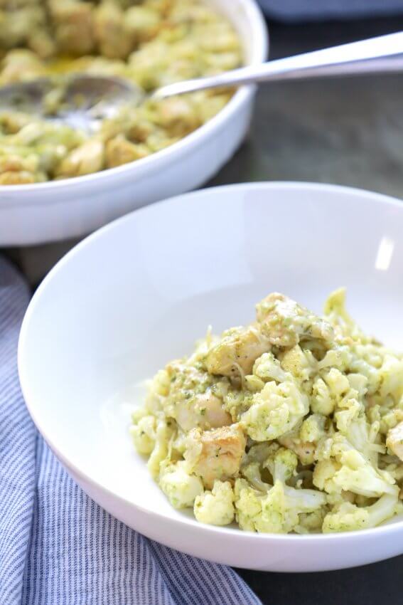 Keto Chicken Pesto Cauliflower Casserole in a white bowl