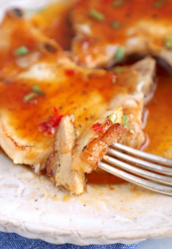 Forkful of crispy Sweet Chili Keto Pork Chops