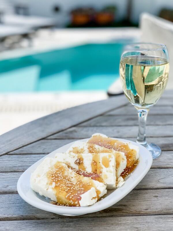 IBIH Vacation Travel Guide to Santorini - Feta with honey and sesame by the pool