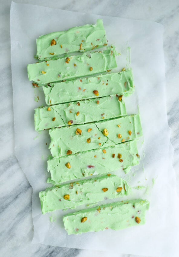 Keto Pistachio Fudge top view cut into slices